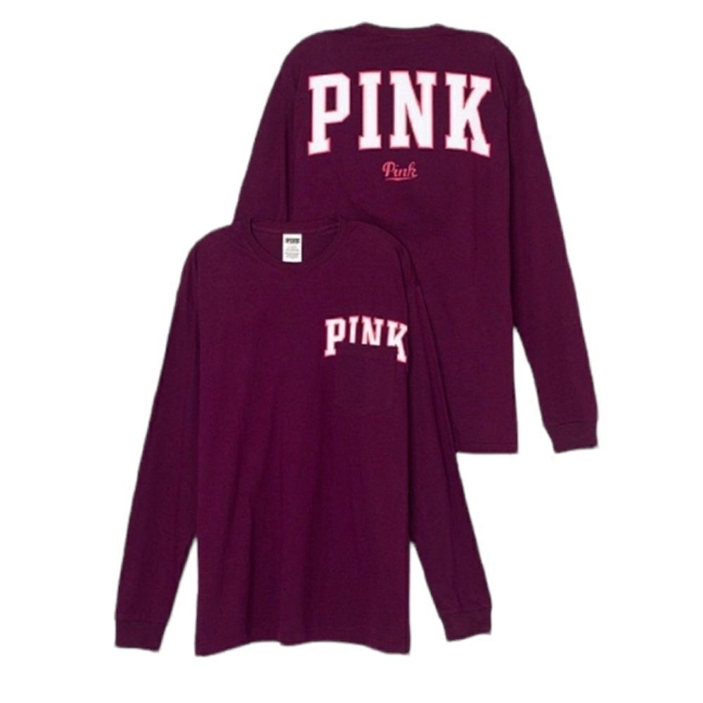 VS PINK t-shirt maroon long sleeve crew neck spellout with pocket oversized XS